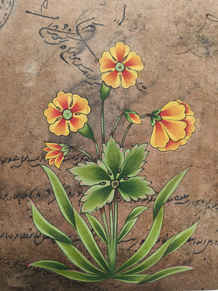 Vintage Indian Miniature Painting | Handmade Floral Art on Old Revenue Paper detail