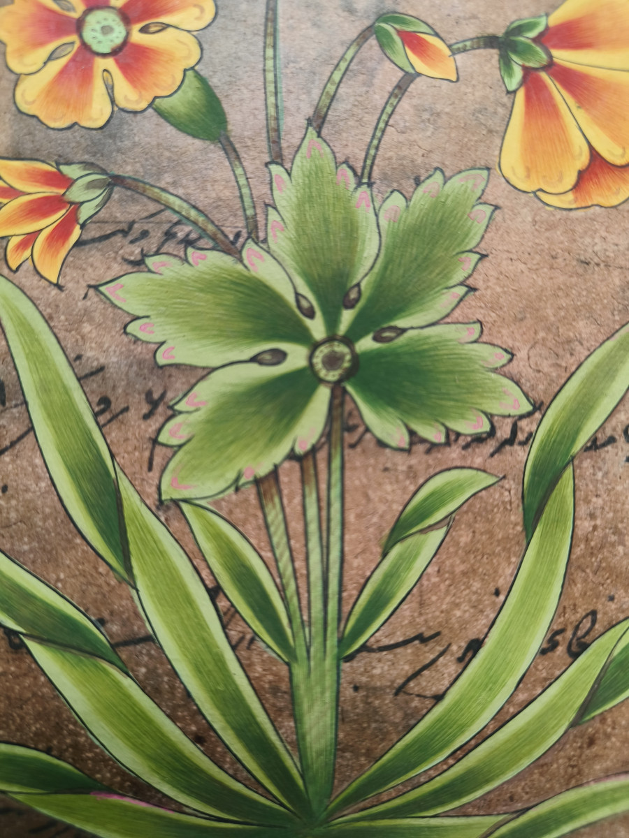 Vintage Indian Miniature Painting | Handmade Floral Art on Old Revenue Paper detail