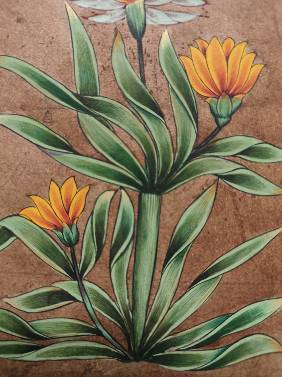 Vintage Indian Miniature Painting - Orange Lily Floral Art on Old Revenue Paper detail