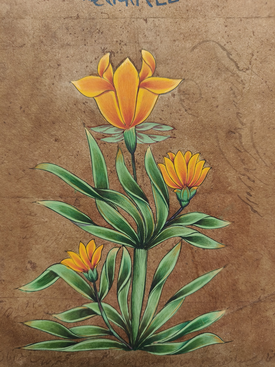 Vintage Indian Miniature Painting - Orange Lily Floral Art on Old Revenue Paper detail