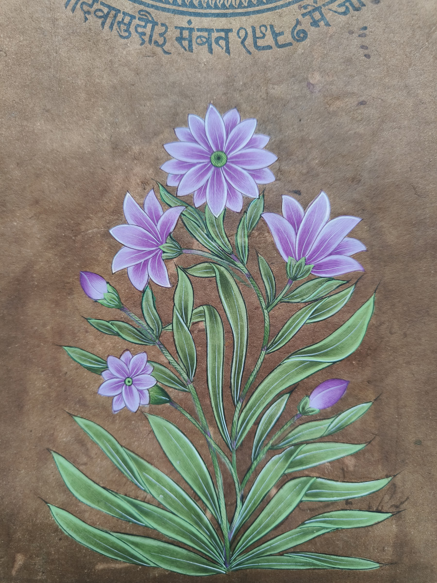 Vintage Indian Miniature Painting - Purple Lily Floral Art on Old Revenue Paper detail