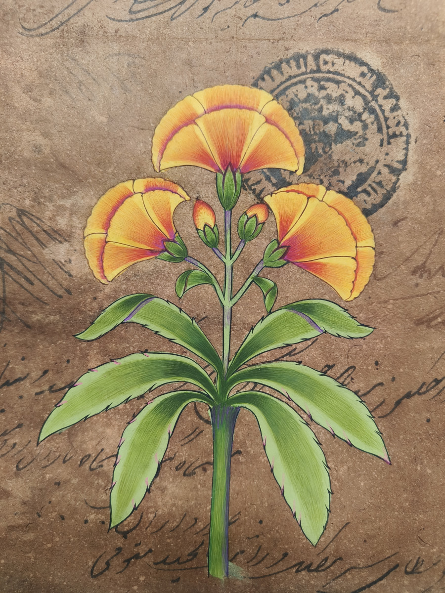 Vintage Indian Miniature Painting - Yellow Poppy Floral Art on Old Revenue Paper detail