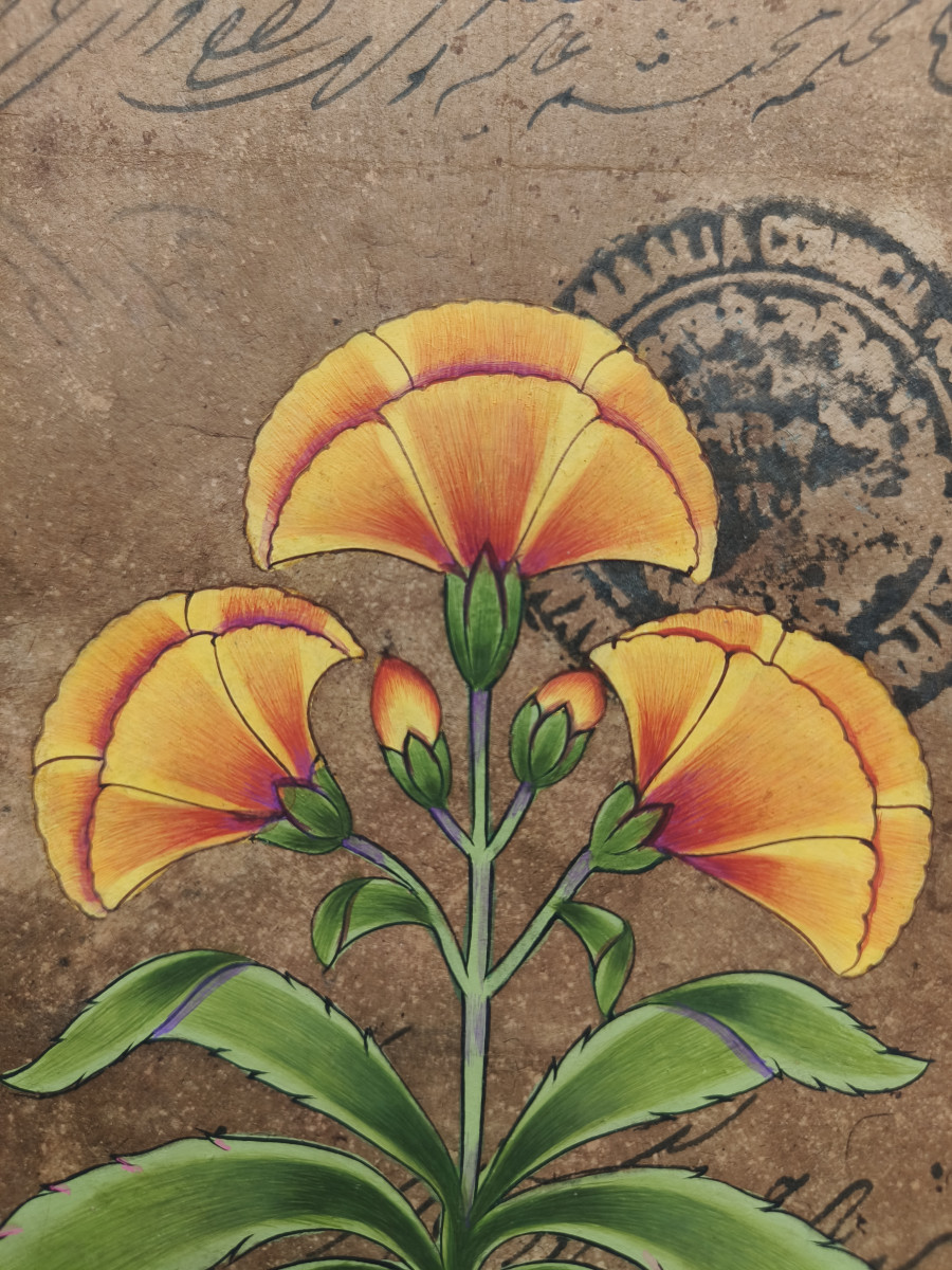 Vintage Indian Miniature Painting - Yellow Poppy Floral Art on Old Revenue Paper detail