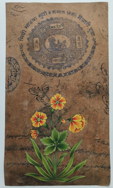 Vintage Indian Miniature Painting | Handmade Floral Art on Old Revenue Paper