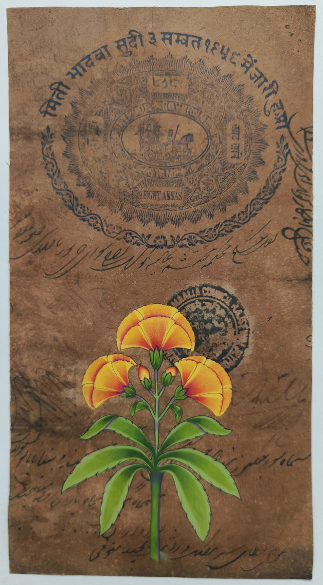 Vintage Indian Miniature Painting - Yellow Poppy Floral Art on Old Revenue Paper